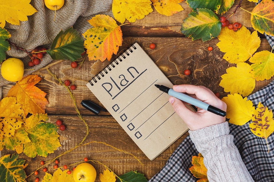 Top view flat lay on a wooden table on which yellow leaves and red berries are scattered in the form of a frame in the middle lies a notebook in which the person's hand writes down the plan.